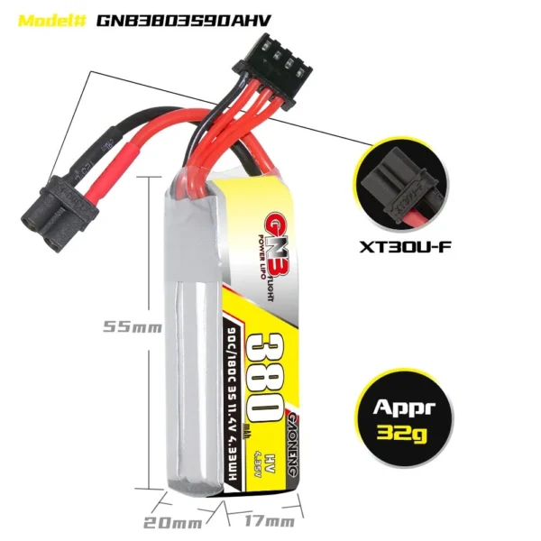 Batería LiPo Gaoneng GNB 3S 11.4V 380mAh 90C (XT30 HV)