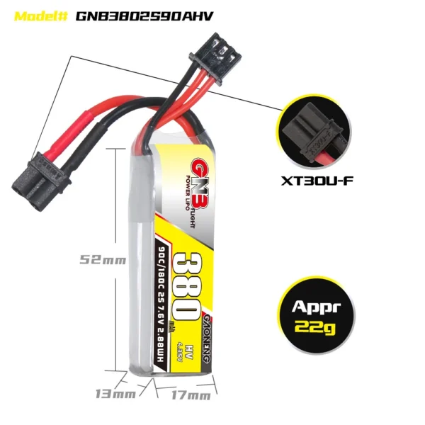 Batería LiPo Gaoneng GNB 2S 7.6V 380mAh 90C (XT30 HV)